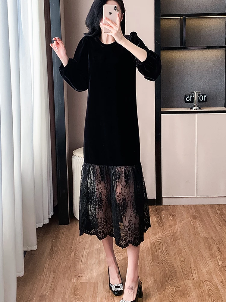 Женское длинное платье NYFS свободное в Корейском стиле с кружевным подолом осень