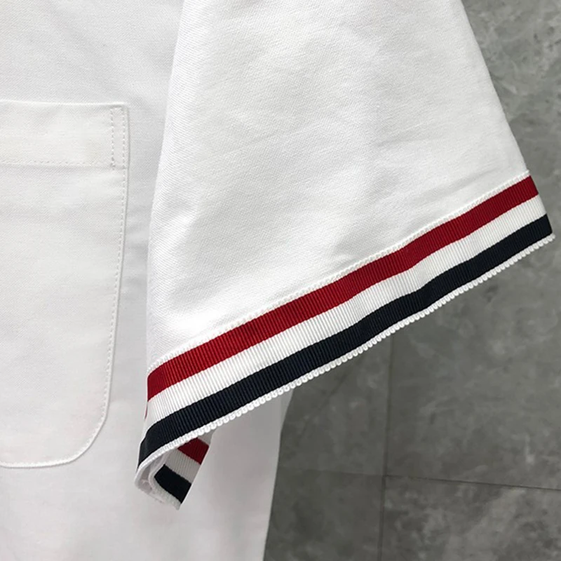 TB THOM Men's Shirt White Fashion Top Brand Striped Cuffs Casual Oxford Fine Cotton Short Sleeve High Quality Summer Cool Shirts