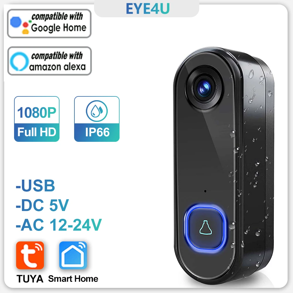 Продажа Звонок дверной уличный TUYA, Wi-Fi, 1080P HD, AC/DC