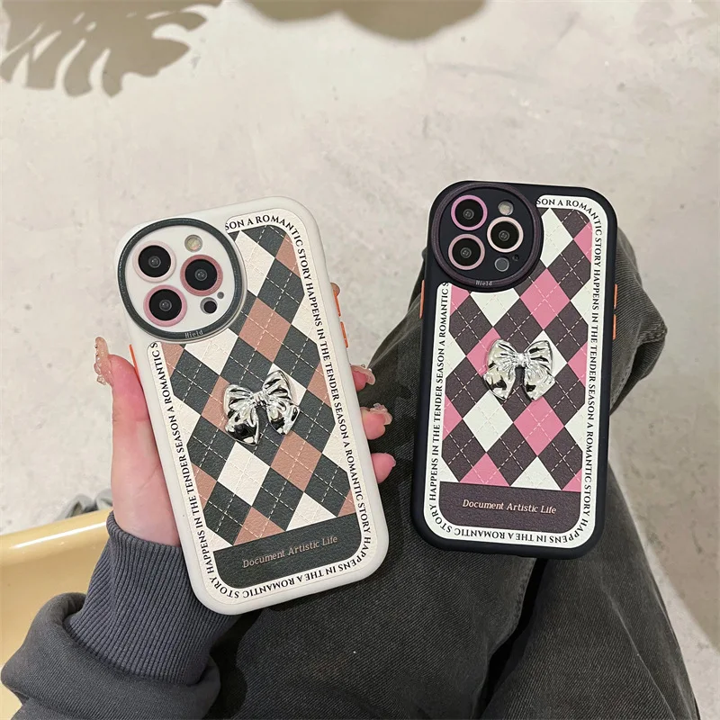 

Creative, ins style stickers, leather rhombus Phone Case For iphone 14 13 12 11 Pro Max X XR XSMAX 7 8 Plus SE TPU Case Cover