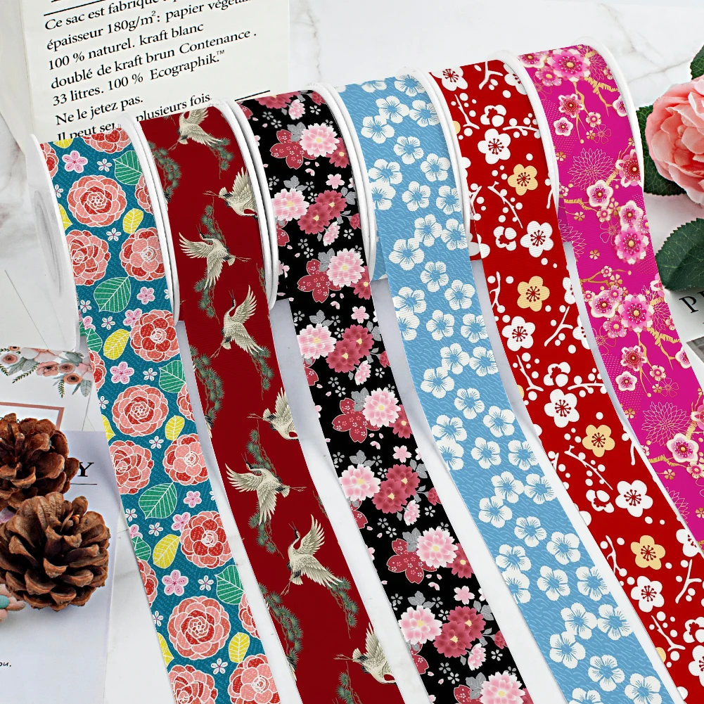 

Атласная лента Hefeng в японском стиле с цветочным принтом, крупнозернистая для упаковки подарков, бант для волос, расстояние 50 ярдов