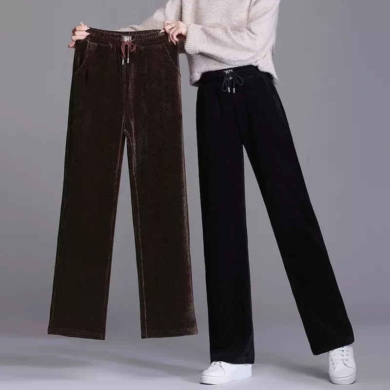 

New2022 Autumn Winter Thick Corduroy Pants Cold Weather High Waist Vintage Wide Leg Trousers Elegant Warm Loose Quality Streetwe