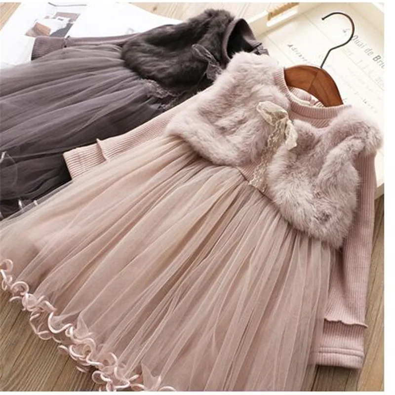 

Autumn Girls Dresses Children Clothes Fake Mink Jacket Faux Fur Warm Lace Birthday Wedding Party Toddler Casual Vestidos 2-8 Yrs