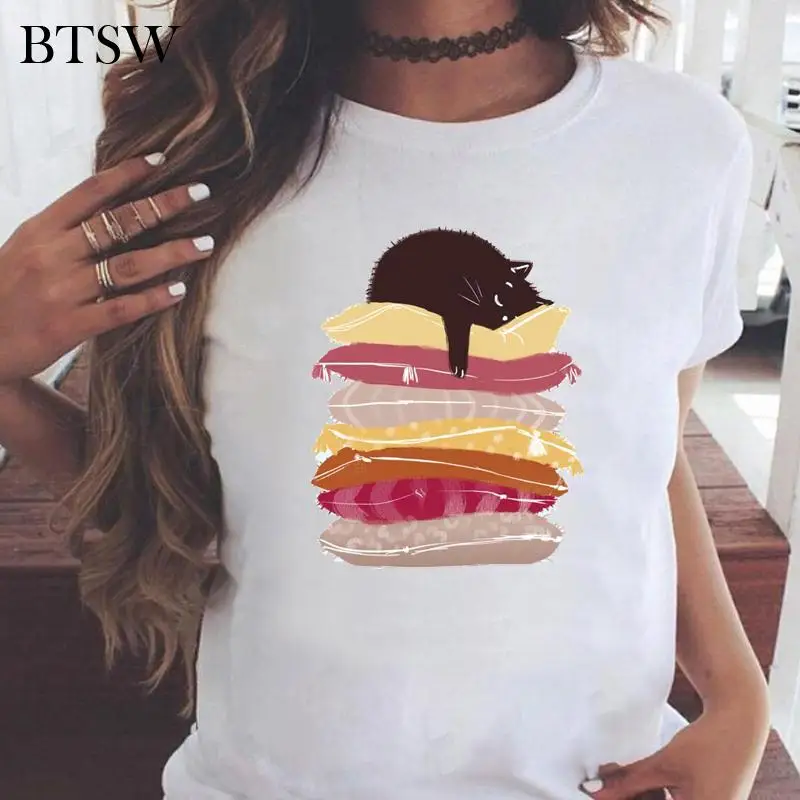 

Женская футболка с коротким рукавом, футболка с графическим принтом в виде кота, в стиле 90-х, летняя одежда с мультяшным принтом