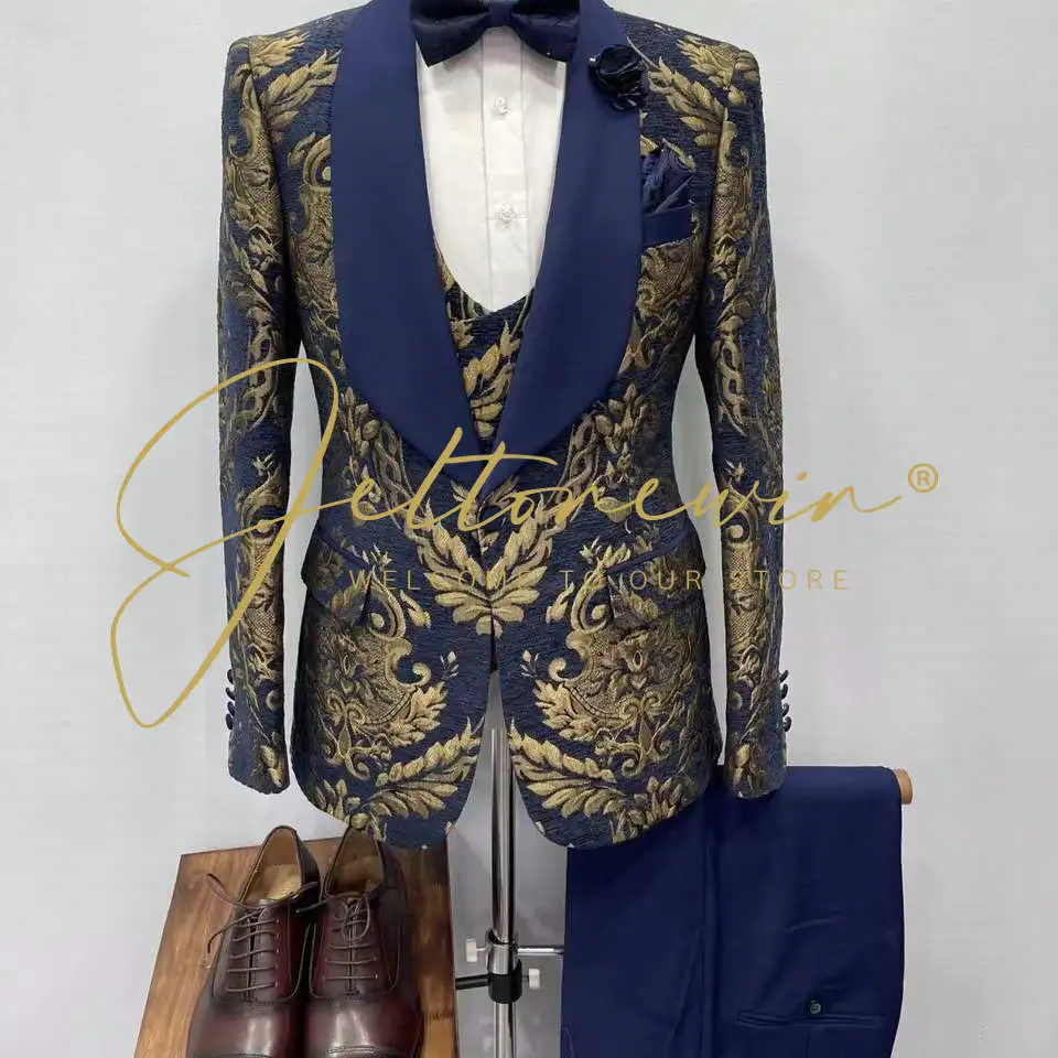Новый дизайн синий цветочный мужской костюм JELTONEWIN облегающий смокинг из 3