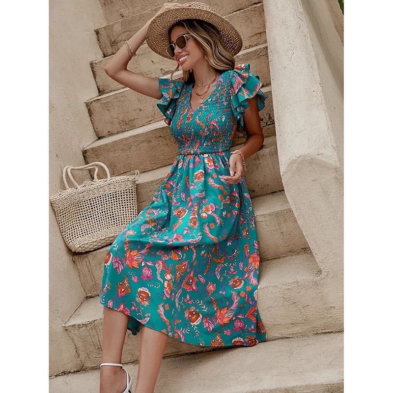 

Женское облегающее платье-миди с цветочным принтом, повседневное элегантное зеленое платье-трапеция с оборками на рукавах, лето 2023