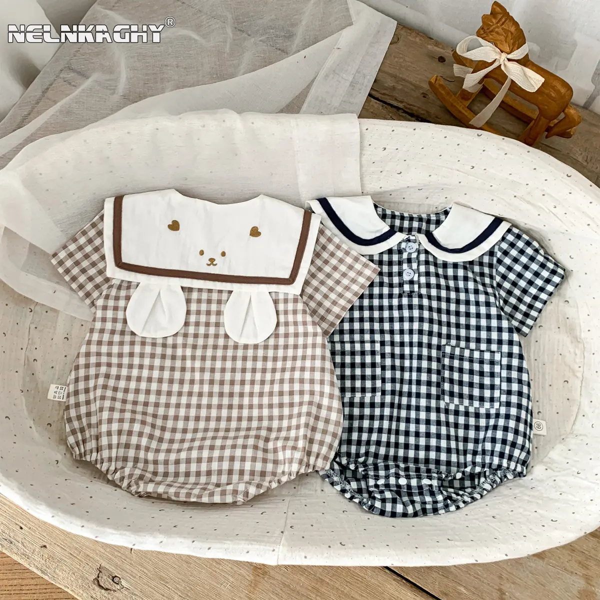Summer New In Infant Baby Girls Short Sleeve Plaid Bear Outwear Kids Cotton Clothing on-pieces Newborn Cute Bodysuits 유아복