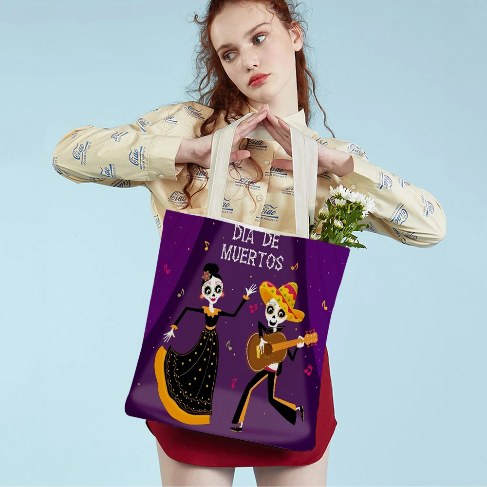 

Cartoon Mexico Flower Skull Casual Canvas Foldable Reusable Cloth Shopping Shoulder Bag Fashion Day of The Dead Tote Handbag