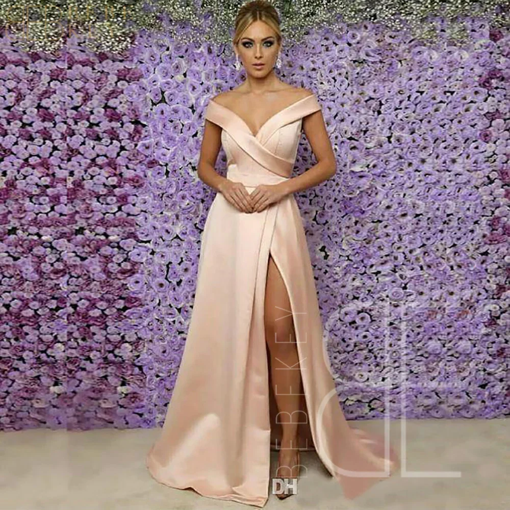 

Champange Satin Bridesmaid Dresses Elegant Dress for Women Off the Shoulder Wedding Party Dress Side Split Evening Party Gowns