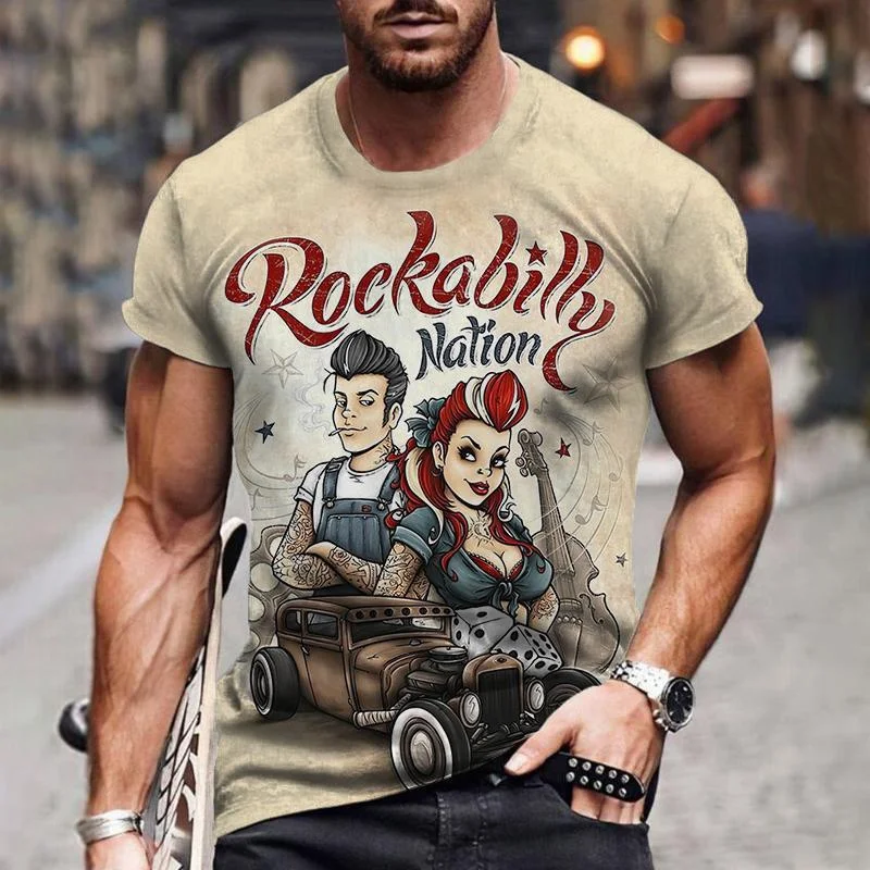 

Vintage Men's T-Shirt Crew Neck Pullover Short Sleeve Top Route 66 Biker Print Oversized Clothing Street Casual T-Shirt For Men