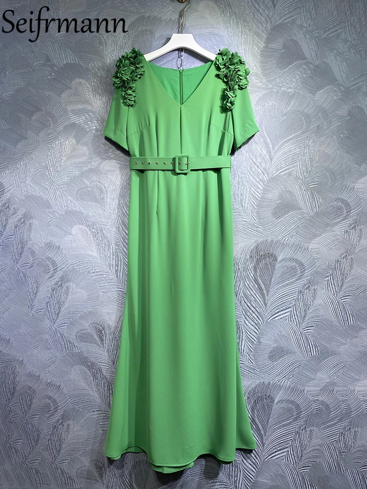 

Seifrmann High Quality Summer Women Fashion Designer Maxi Dress Short Sleeve Gorgeous Appliques Belt Green Solid Color Dresses