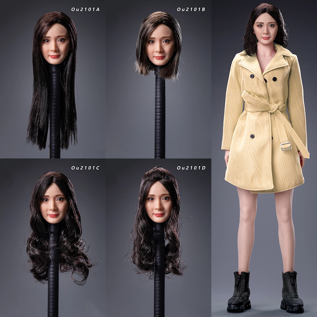 

TOYS OU2101 OU2102 1/6 Female Soldier Asian Beauty Head Carving Trench Coat and Handmade Boot Model Accessories In Stock