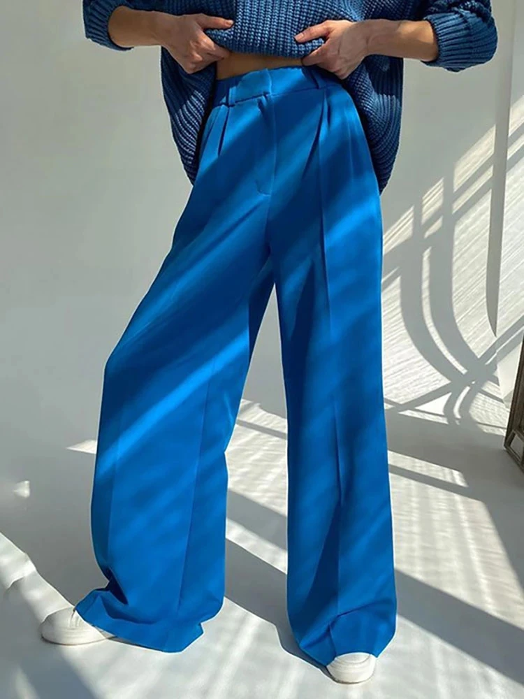 

Spring Pants Women Loose Straight Oversize Pants Blue Office Fashion High Waisted Pleated Trousers Zip Wide Legs Trousers