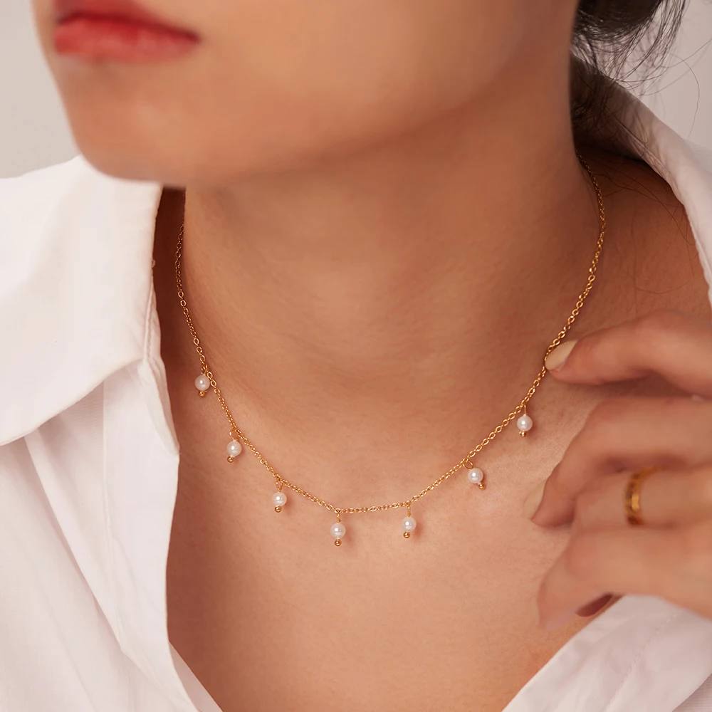 

18K Gold Pink Stone Beads Tassel Necklace For Women Creative Pearl Beads Tassel Necklace Ladies Stainless Steel Necklace Jewelry