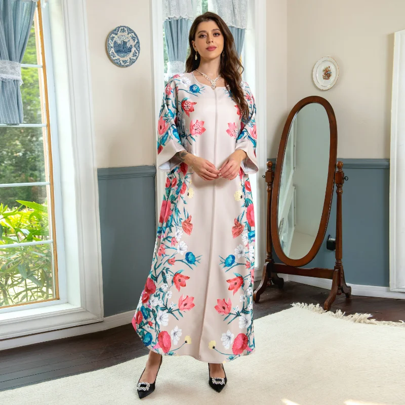 2023 Summer Elegant Muslim Women Long Sleeve O-neck Polyester Printing Long Abaya Muslim Fashion Dress Muslim Dress Women