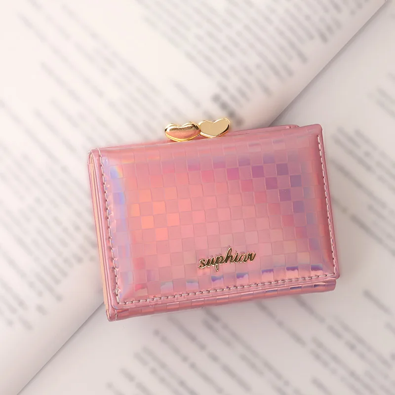 Wallets For Women Short Colorful Laser Purse Multifunctional Folding Coin Purse PU Leather Pink Purse Card Holders Cartera Mujer