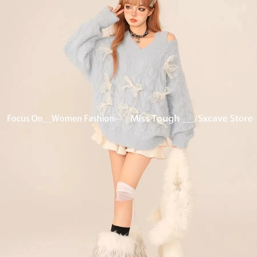 Японский кавайный вязаный свитер женский сексуальный тонкий винтажный