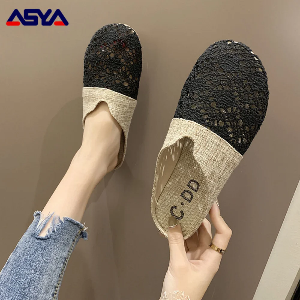 ASYAPOY Half slippers for women to wear out new summer versatile woven breathable flat bottomed lazy sandals