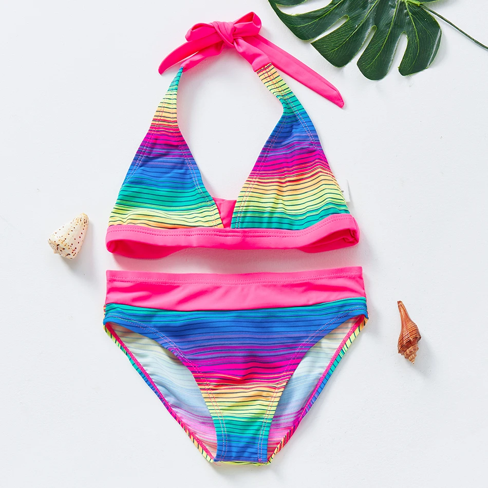 Детский и подростковый бикини-купальник на шнуровке для девочек 6-14 лет, 2-х частный комплект с полосатым принтом для купания на лето. Новинка 2022 года.