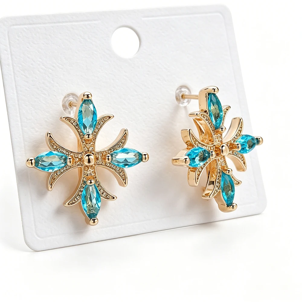Фото Модные серьги-клипсы Medsor Fashion Cross из меди с кубическим цирконием овальной огранки в форме снежинки, женские, для повседневной носки и вечеринок №2