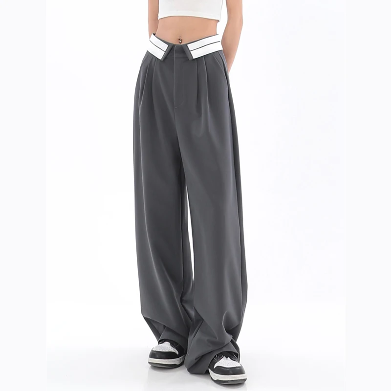 

Retro Hong Kong Style Wide-leg Grey Suit Pants Women's High Street Design Sense Niche Straight Drapey Mopping Casual Trousers