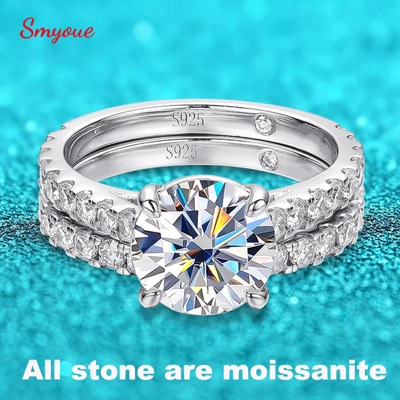 Smyoue 18k Plated 0.6-4.2CT All Moissanite Rings for Women Sparkly Luxury Wedding Diamond Band 925 Sterling Silver Jewelry GRA