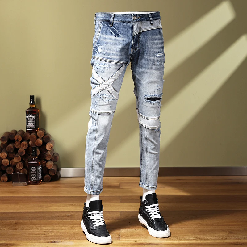 Street Fashion Men Jeans Retro Light Blue Spliced Designer Skinny Ripped Jeans Men Patchwork Hip Hop Denim Pencil Pants Hombre