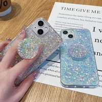 glitter sequins phone case for iphone 13 12 mini 11 pro xs max xr x se20 7 8 plus cute transparent soft cover with holder finger