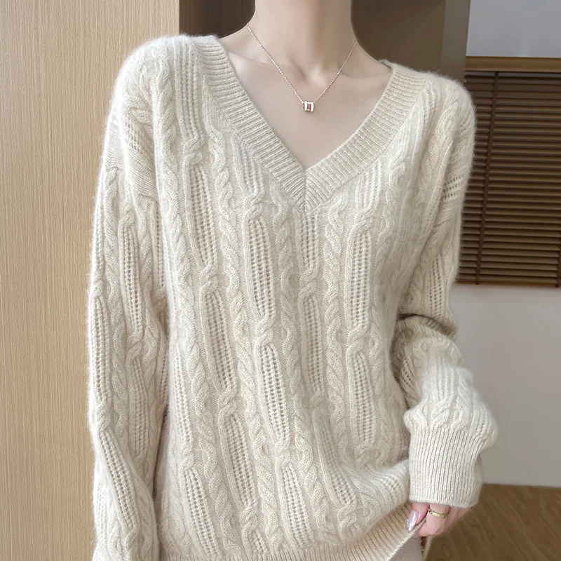 Осенний шерстяной свитер с v-образным вырезом женский вязаный топ длинными