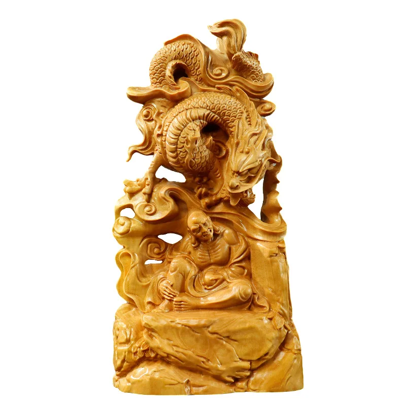 

Solid Wood Carving- Dragon Subduing Arhat Buddha statue ornament traditional hand carving Home living room feng shui statue