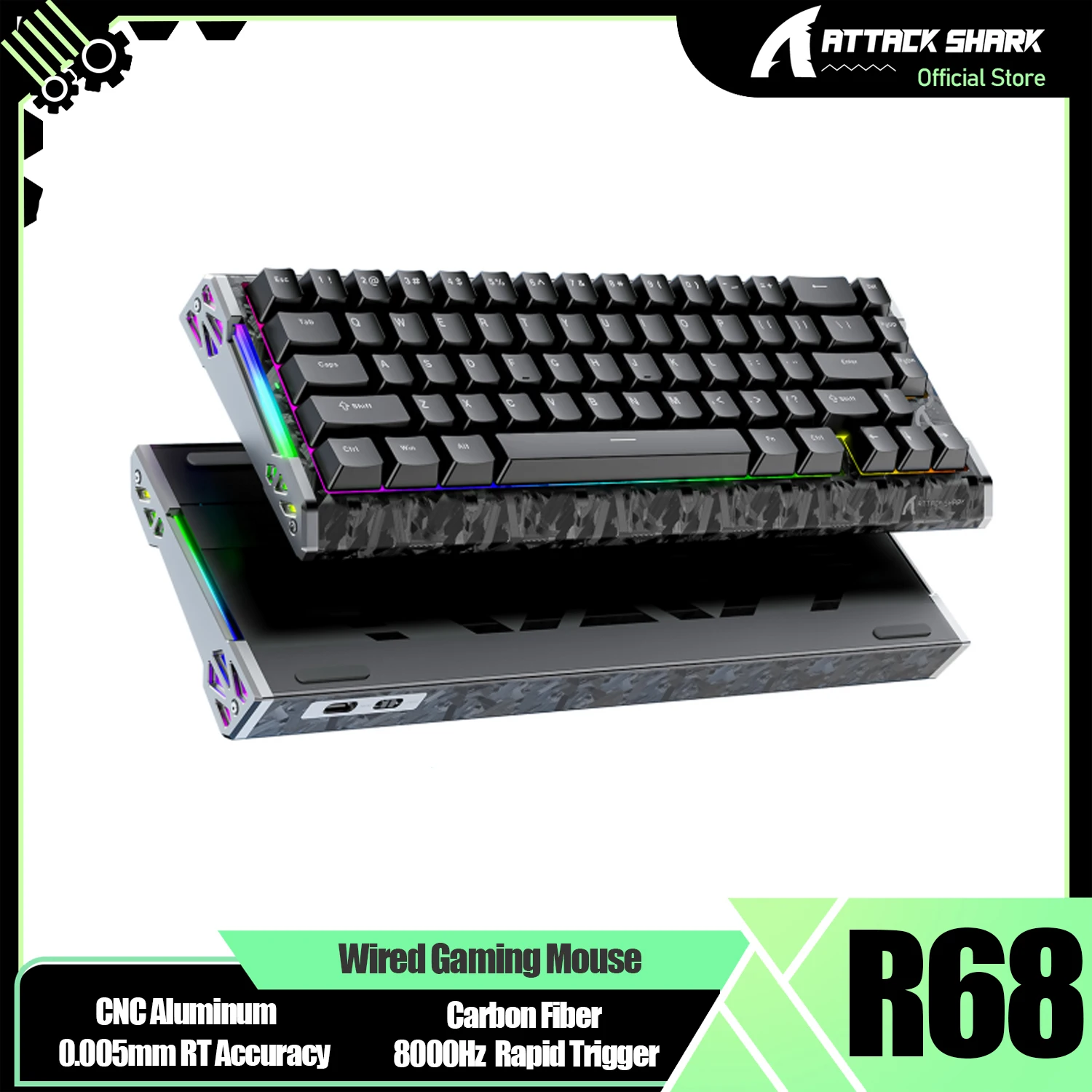 Фото Игровая клавиатура ATTACK SHARK R68 HE 8000 Гц с карбоновыми волокнами и быстрым откликом, 60% RGB, проводная, с датчиками Холла, магнитная, из алюминия с ЧПУ №1