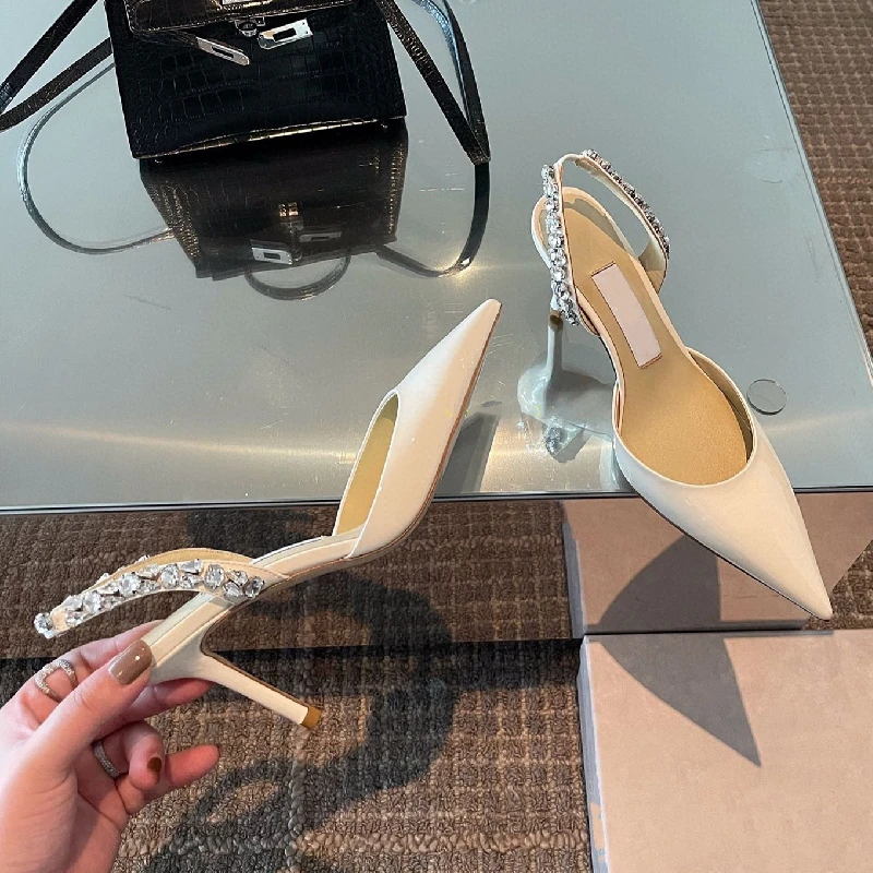 

2022 Spring and Summer French High Heels Women's Stiletto Pointed Toe Nude Back Empty Single Shoes Rhinestone Toe Sandals