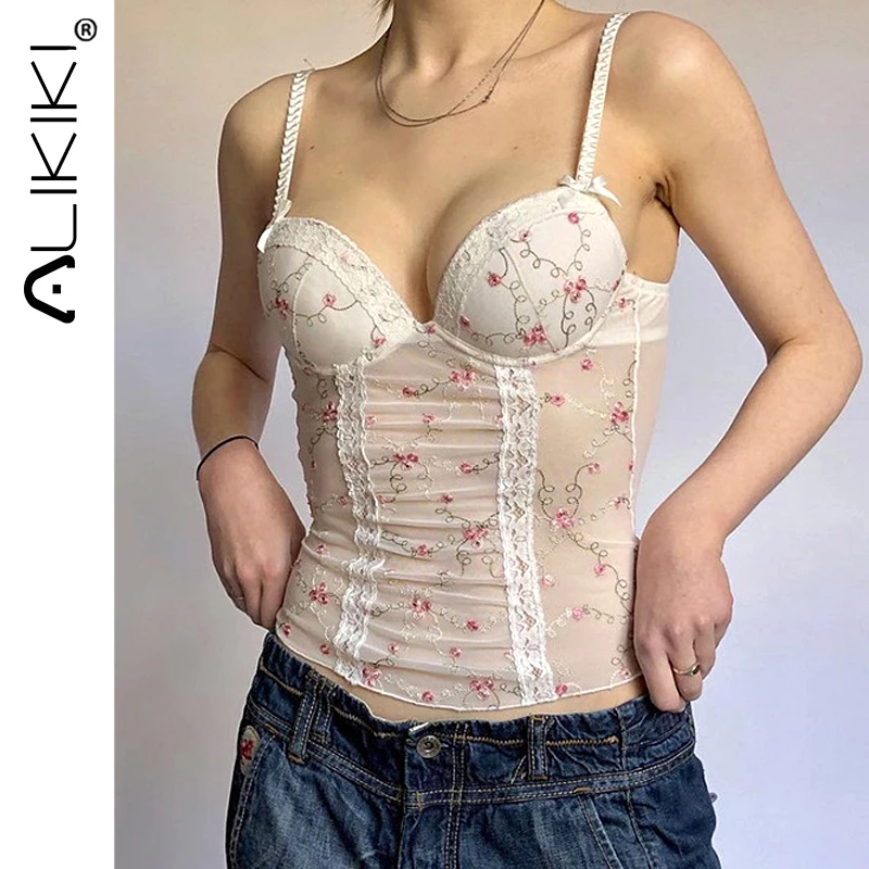

Vintage Lace Corset Top To Wear Out White Small Floral Retro Crop Top Bustier Sexy Mesh See Through Mini Vest Camis