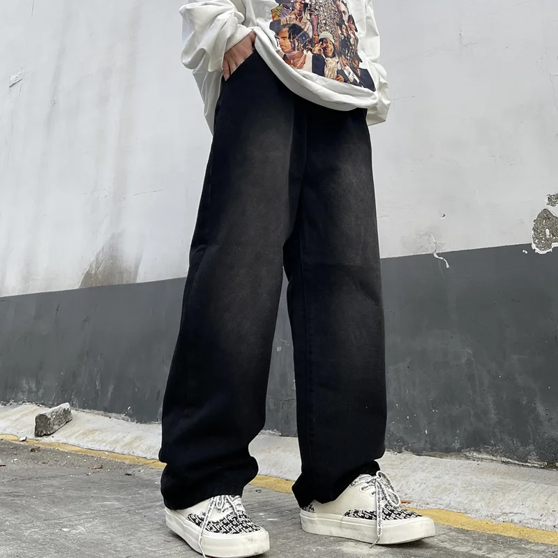 Men Clothing 2022 New Pattern Recreational Vintage Broad Leg Black Grey Jeans Straight Cylinder Loose Cargo Pants Autumn Female