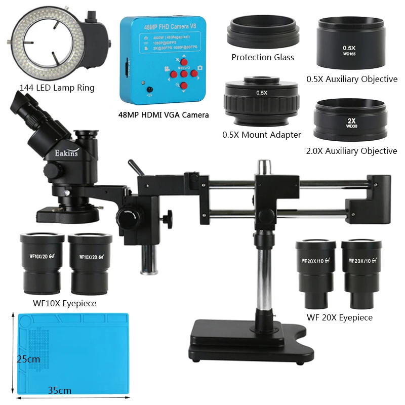 Microscopio estéreo Trinocular Focal, soporte de doble brazo, 7x45x90x 180X, 2K, HDMI, USB, cámara de vídeo de 48MP para reparación de soldadura PCB