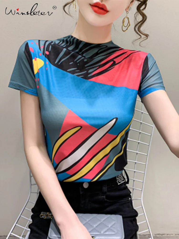 

Winsleter Summer European Clothes T-Shirt Woman Half Turtleneck Position Printed Slim Mesh Tops Short Sleeve Elastic Tee T34814M