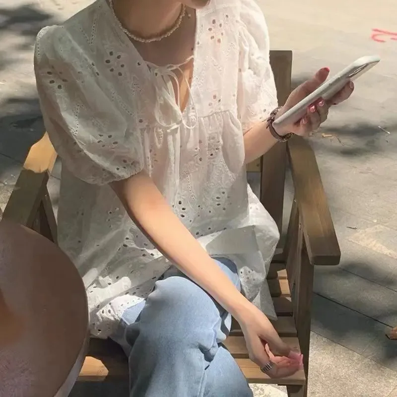 Женская свободная рубашка с V-образным вырезом коротким рукавом