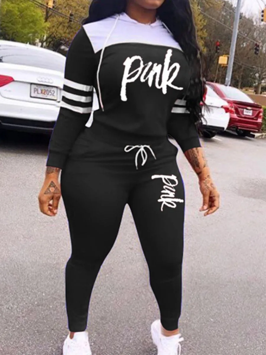 LW Plus Size Pink Letter Print Striped Tracksuit Set Two-pices Long Sleeve Hooded Collar + trousers 2022 NEW Autumn sporting sui