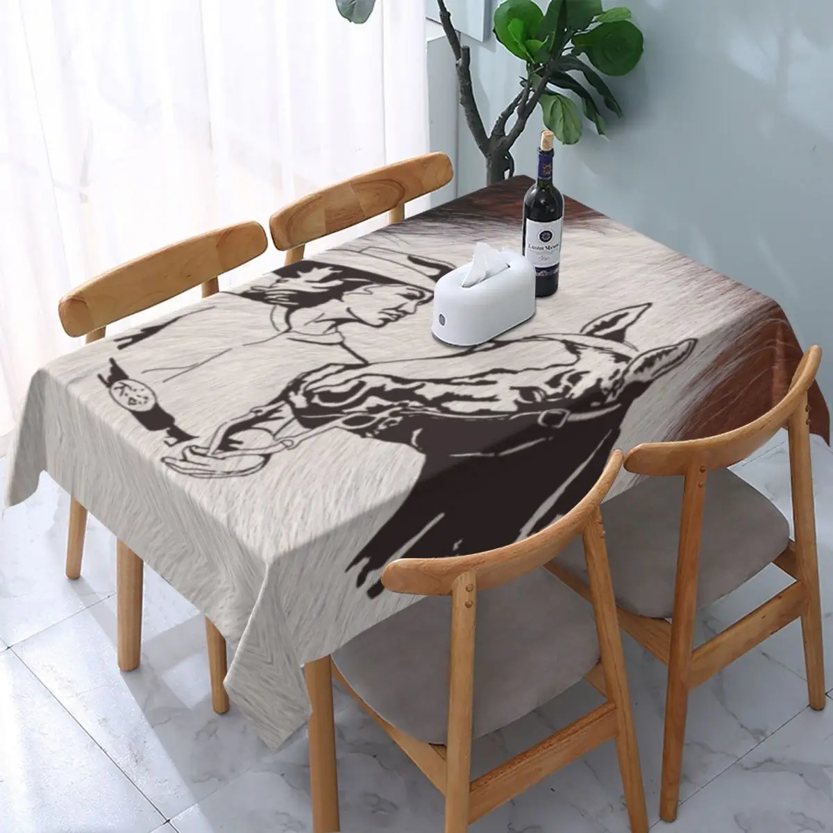 

Rectangular Fitted Horse Cowgirl Western Cowhide Cow Hair Table Cloth Oilproof Tablecloth Table Cover Backed with Elastic Edge