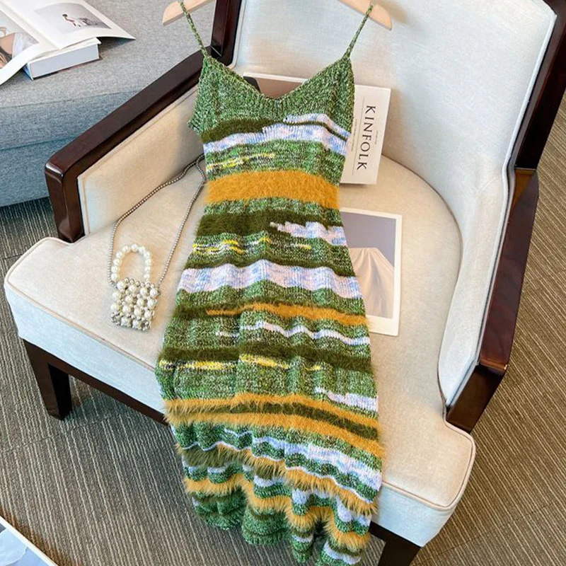 

Платье женское трикотажное в полоску, модный шикарный приталенный сарафан на бретелях в Корейском стиле, элегантное в ретро стиле, на лето