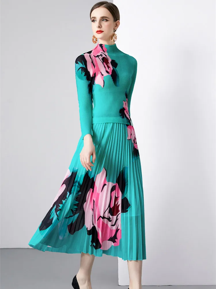 Miyake Модный дизайн Плиссированный комплект из двух предметов для женщин Осенняя