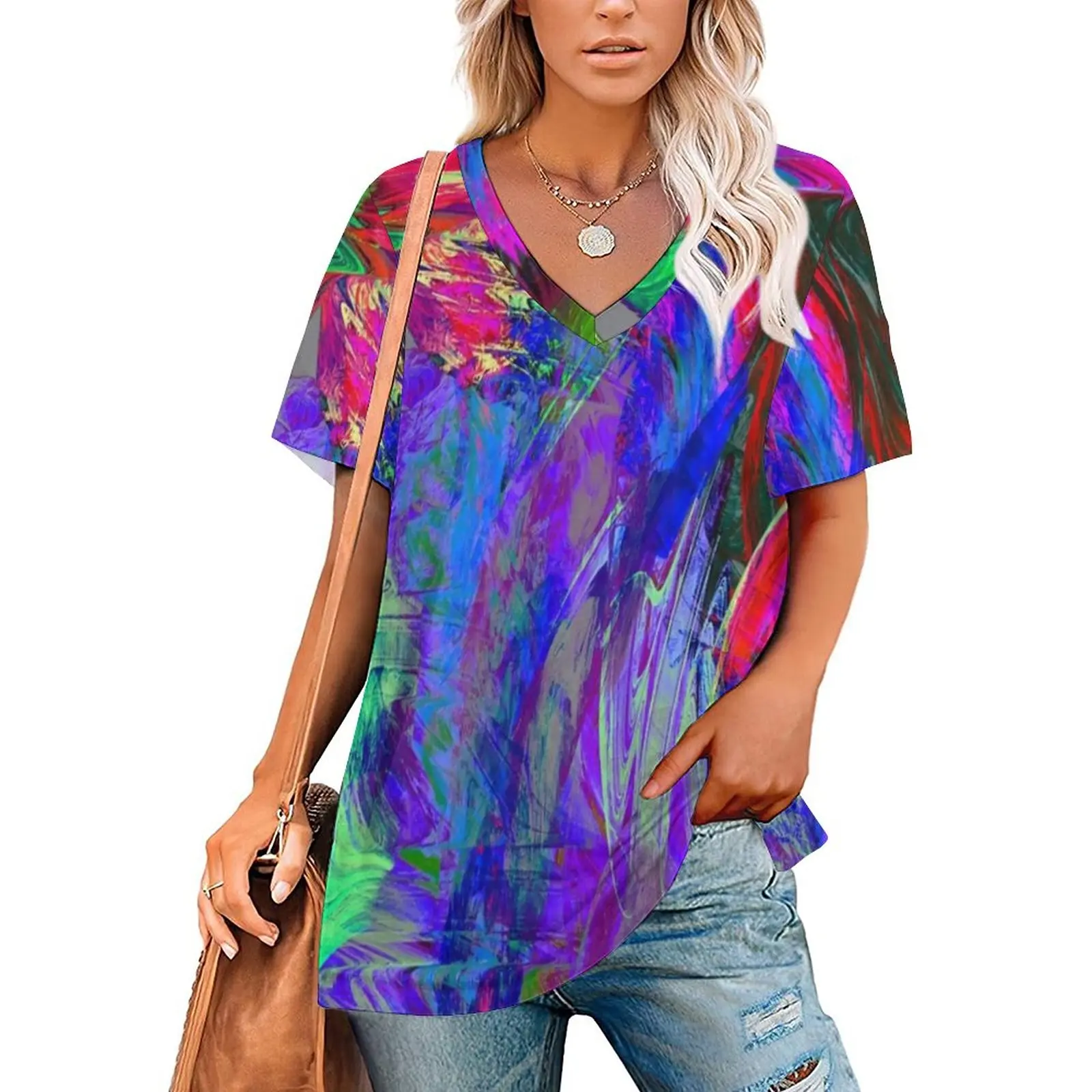 

Футболка с коротким рукавом и V-образным вырезом, элегантный оверсайз с ярким неоновым рисунком, с абстрактным граффити, пляжный топ