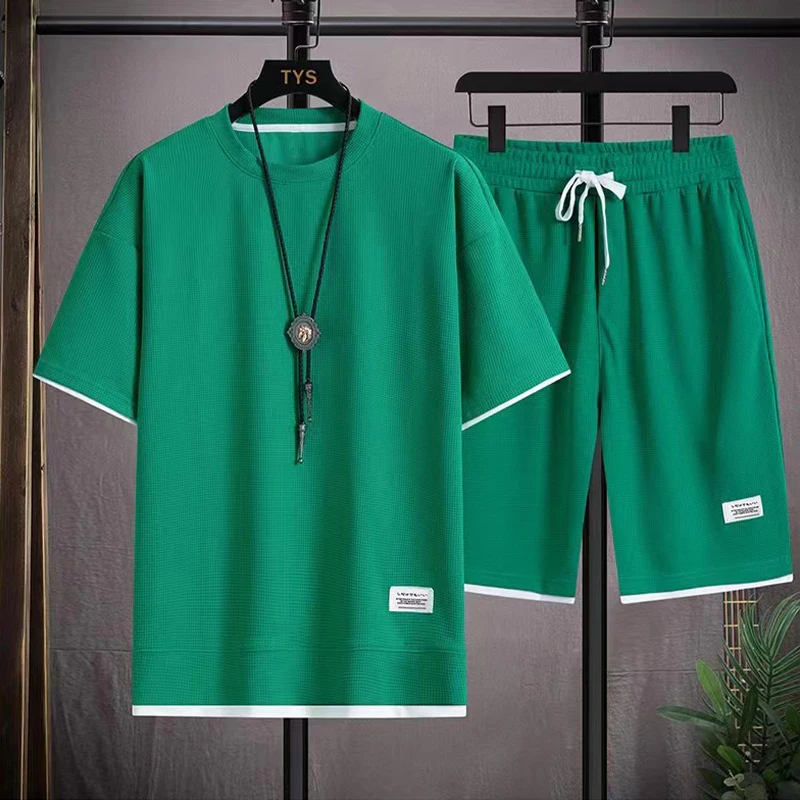 2023 Summer Fashion Mens Two Piece Set Waffle Fabric Jogging Shorts T Shirt Homme Tracksuit Short Sleeve Sets Sports Suits Men