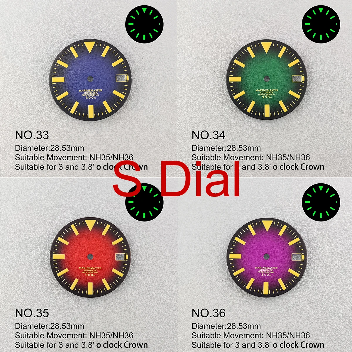 

NH35 Watch Parts 28.5mm/29mm Strong Green Luminous C3 Watch Mod Dial For NH35/Nh36 Seiko Movement With S Logo Watch Accessories
