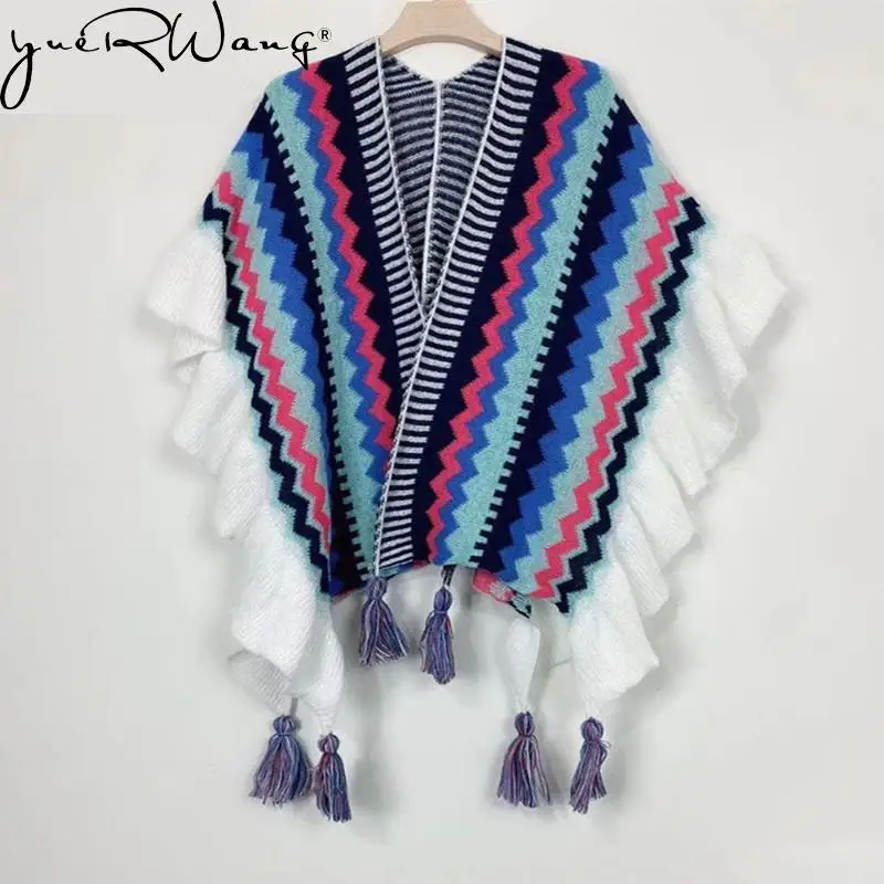 

yuerwang Women Sweater Bohemia Ruffles Printing Cardigans Sweaters Irregular Vintage Fashion Knitting Print Knitting Tops 2023