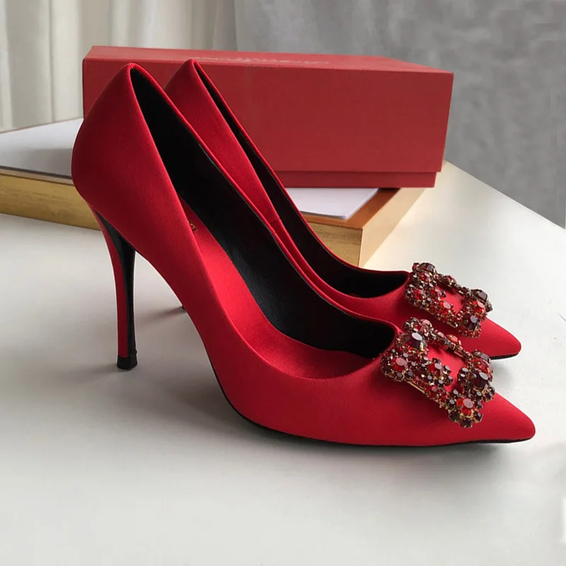 Satin Single Shoes Pointed Rhinestone Leather Leather High -heeled Women's Shoes