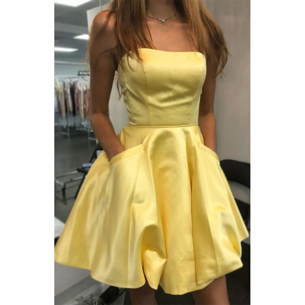 

Yellow Satin Prom Dress 2022 Mini A Line Pockets Simple Evening Party Dresses for Women Strapless Short Homecoming Dress