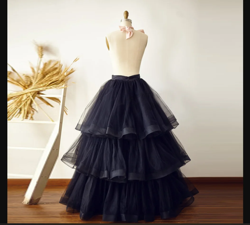 Black Ruffles Tulle Skirts Women Christmas Party Skirt Tiered Long Female Maxi Skirt Zipper Saias wedding sikr custom size