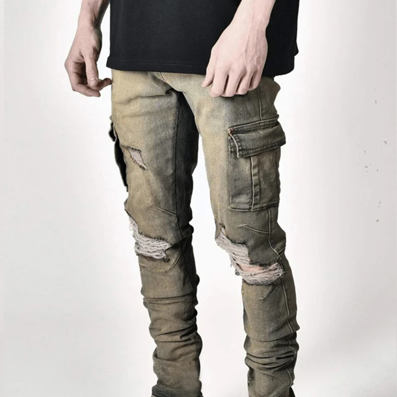 

Retro Washed Jeans Pants Men Vintage Loose Hip Hop Jeans Pants Pocket Design Skinny Feet Slim Trousers Men Clothes Pants