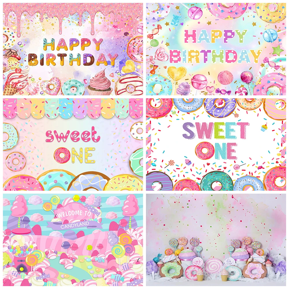 

Mocsicka Candy Donut Background Photography Baby Birthday Party Decoration Cake Smash 1st Birthday Party Photo Background Banner
